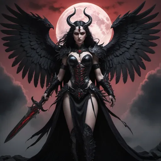 Prompt: In the center is a striking female figure with an air of otherworldly menace. Her face has demonic features - slitted glowing eyes, pronounced fangs, and horns protruding from her forehead. Her expression is one of merciless anger and wrath.
She wears intricately sculpted black armor accented with deep crimson and violet, forming an intimidating yet revealing outfit befitting a gothic warrior goddess. Bladed austre wings of midnight feathers edged in crimson unfurl dramatically behind her.
Her position is one of confrontation, perhaps raising a wicked barbed sword or blazing with eldritch energy in her hands. The background shows a large full moon looming overhead, its pale light casting theatrical shadows across the scene.
The overall composition is symmetric and statuesque to convey a sense of epic scale and power. Strategic use of deep shadows and selective highlights further amplify the dramatic, menacing atmosphere.
Render this malefic dark valkyrie in an intricate, realistic fantasy style akin to the best dark fantasy and gothic artwork. Use meticulous detail, textural brushwork, and a semi-realistic take on anatomy. A muted, desaturated color palette of blacks, crimsons, violets and steel grays reinforces the grim ambiance.
This piece encapsulates the sublime yet terrifying grandeur of an ancient avenging archangel - a furious gothic goddess of wrath descended to punish the unworthy. It blends dark fantasy, gothic horror, and epic fantasy elements into one ominous representation of mystical feminine power.