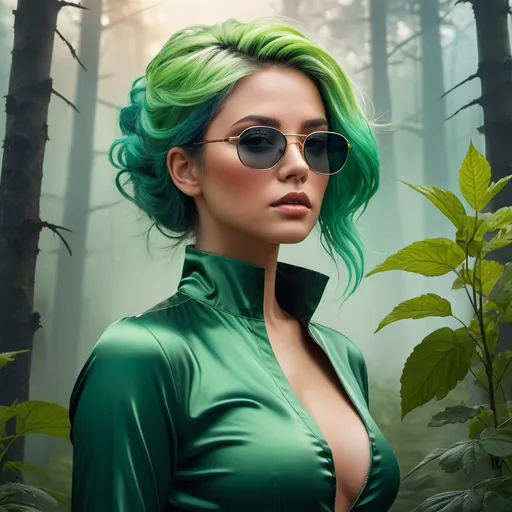 Prompt: A breathtaking full-body portrait of a woman in a stunning, detailed digital painting, blending seamlessly with a serene forest landscape. The woman's face, represented in a palette of soft muted colors, is sad, with tears gently flowing down her cheeks. Her vibrant green hair contrasts with the lush forest behind her. She wears a high-quality, high-definition outfit, including a deep neck satin top, sunglasses, and knee-high boots. The background features an industrial environment with factories, emitting thick smoke into the sky. The juxtaposition of natural and industrial elements creates a poignant commentary on environmental damage and the coexistence of nature and man-made structures. This remarkable artwork showcases a curvy, robust character design with sharp focus, and its vibrant colors and details make it stand out as a modern masterpiece., dark fantasy, vibrant, illustration, cinematic, wildlife photography, photo