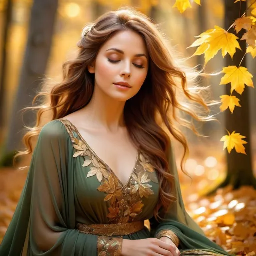 Prompt: Paint a serene portrait of a beautiful woman, lost in a peaceful slumber amidst the enchanting beauty of an autumn forest. Her flowing, ethereal gown, in shades of earthy greens and browns, blends harmoniously with the golden leaves that surround her, creating an aura of tranquility and oneness with nature. Her soft, chestnut hair cascades gently over her shoulders, while delicate rays of sunlight dance playfully upon her serene, dreamy expression.