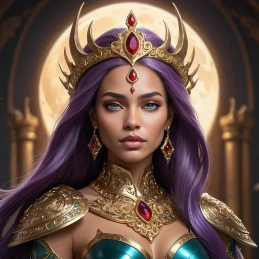 Prompt: Create a highly detailed and enchanting character portrait featuring a woman with long, flowing purple hair adorned with an elegant golden crown featuring two curved, dark purple horns. Design her with a fair complexion and striking green eyes that exude confidence and power.
Craft an intricate and ornate golden armor set with shoulder plates and a breastplate, transitioning into a mesmerizing cosmic pattern reminiscent of a starry sky. Embellish the armor with red gemstones and golden accents that convey a sense of elegance and nobility. Drape her in a magnificent cape with teal and gold details, further emphasizing her regal status.
Adorn the woman with tasteful golden jewelry, including drop earrings, a necklace featuring a vibrant red gemstone, and additional golden pieces that enhance her majestic appearance. Render each accessory with precision and care, capturing the richness and splendor of her attire.
Set the character against an ethereal background, showcasing a large, glowing full moon surrounded by smaller celestial bodies, set against a twilight sky with distant mountains. Infuse the scene with an otherworldly and magical ambiance, emphasizing the cosmic connection and power of this warrior woman.
Ensure meticulous rendering of her facial features, hair, armor, cape, jewelry, and background elements, creating an awe-inspiring portrait of a regal warrior queen who commands attention and admiration within an enchanted, celestial realm.