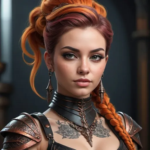 Prompt: Create an edgy, hyper-realistic female character with bold colors and a copper Fishtail hairstyle for a gothic dark fantasy setting. Adorn her in an attractive, adorned queen armor, exuding confidence and fashion. Set against a randomized background, focus on hyper-realistic textures, dramatic lighting, and a striking color palette. Render her with a smirk and clean lines, showcasing a stylish, self-assured goddess of beauty and charm with full-body tattoos.

