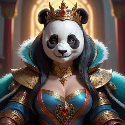 Prompt: D&D character portrait, extremely detailed CG, high resolution, best quality, best masterpiece, super fine illustration, vibrant colors, official art, 8k wallpaper, dynamic depiction, dynamic angle, dynamic pose, depth of field, cinematic lighting / one beautiful female panda queen