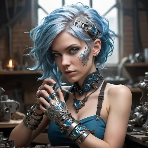 Prompt: In the heart of a bustling workshop, a skilled female Forgeborn works tirelessly amidst the cacophony of metal and steam. Her body is a stunning fusion of organic and mechanical elements, adorned with metal grafts and glowing neon tattoos that form a captivating mosaic. Her silver-blue hair is held back, revealing a face that exudes both elegance and determination. With practiced hands, she expertly handles an array of tools, crafting her masterpieces with precision. Among her creations is a pair of signature gauntlets that emit a soothing blue glow, capable of harnessing immense power. The female Forgeborn's workshop is a testament to her artistry and prowess, a haven for innovation and potent tools sought after by those who seek to defy the odds.