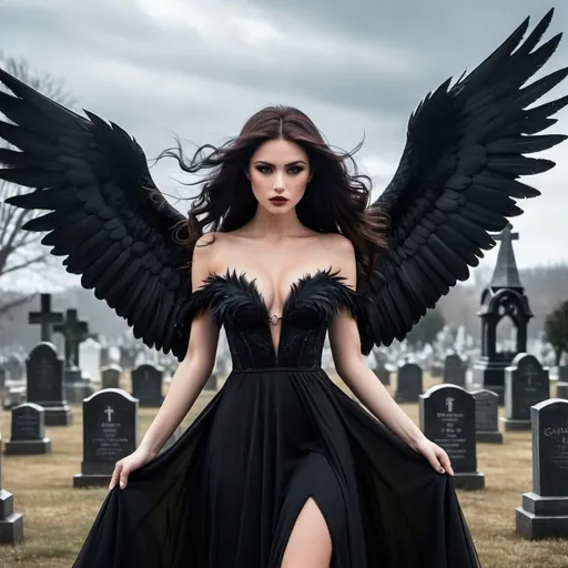 Prompt: The scene depicts a stunningly beautiful "Dark Angel" floating with her wings spread above a graveyard. The angel has pale skin, dark eyes, and a large, black halo. Her wings are covered in black feathers, spread wide enough to lift her off the ground. She wears a flowing black dress that highlights her hourglass figure, drawing attention to her large chest. Despite her dark appearance, there is something captivating about her presence. The overall mood is eerie and mysterious, with the graveyard serving as the backdrop for this supernatural being.