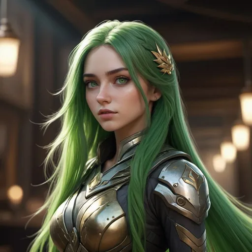 Prompt: Create an official-style 8K wallpaper with high-resolution, extremely detailed computer-generated imagery (CG). The illustration should feature a 1-girl scene with the following specifications: * Long green hair * Green eyes * Sacaean outfit with white, green, and gold accents * Slender and athletic build Ensure that the image has the following visual elements: * Vibrant colors * Dynamic depiction with a dynamic angle * Dynamic pose * Use of depth of field to create a sense of realism * Cinematic lighting that adds depth and atmosphere to the scene The final product should be a masterpiece of digital art, showcasing the best possible quality and super fine illustration techniques.