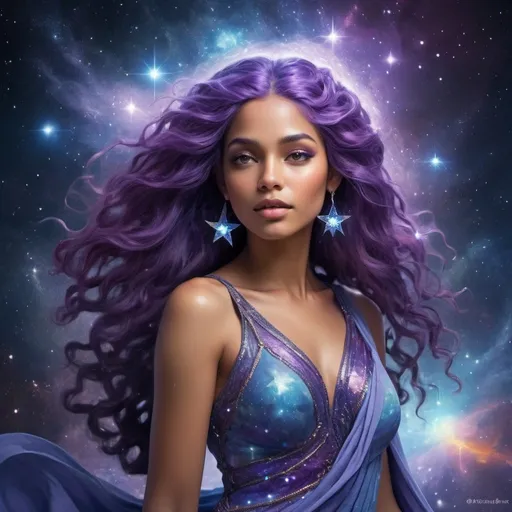 Prompt: Create a breathtaking fantasy art portrait of a cosmic goddess with flowing purple hair adorned with a sparkling star cluster and a radiant blue dress that seems to shimmer with celestial energy. Set the goddess against a backdrop of the cosmos, surrounded by swirling galaxies and vibrant nebulae, as if she is an embodiment of the beauty and mystery of the universe. Incorporate intricate details and ethereal textures in her attire, showcasing her divine and otherworldly nature. Craft a captivating expression on her face that emanates both power and serenity, inspiring awe and reverence. Use vibrant colors, mesmerizing lighting, and digital painting techniques to achieve a visually stunning and awe-inspiring portrayal of this celestial being.

