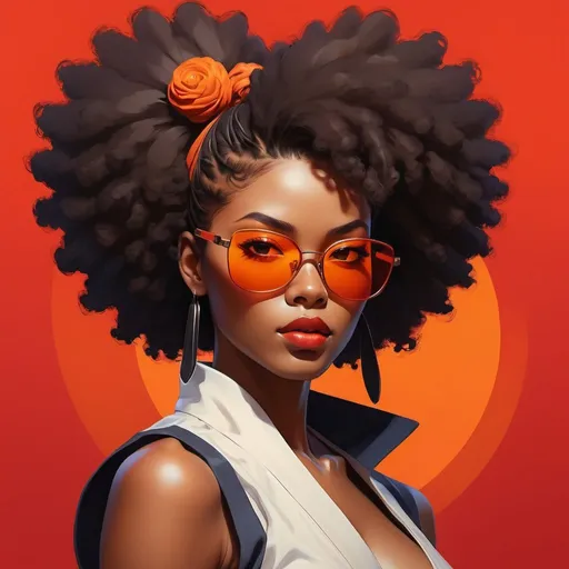 Prompt: Design a digital painting of a strong female character in Afro Samurai style, inspired by Widowmaker. Set against a vivid red background, she glances captivatingly over her shoulder with an afro hairstyle and orange-tinted sunglasses.
Incorporate elements of urban aesthetics to showcase her strength. Create a vagabond-like atmosphere emphasizing her role as a skilled samurai, blending traditional and contemporary techniques.
Subtly integrate Artgerm's signature within the composition, ensuring the artwork captivates viewers with bold colors, intricate details, and a striking fusion of Afro-Samurai and Widowmaker styles.