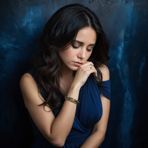 Prompt: Contemplative woman, long wavy dark hair, dark abstract background, deep blue dress, resting head on hand, melancholic expression, bracelet, somber mood