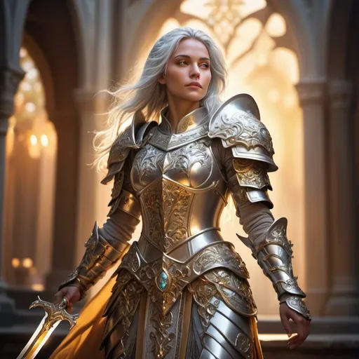 Prompt: a noble female paladin in ornate fantasy armor, gleaming silver tresses, decorated with a one-of-a-kind breastplate, illustrated in epic fantasy art style featuring dynamic lighting to enhance contrasts, brandishing a magical blade, captured with a golden-hour camera effect to evoke an enchanting aura, epic fantasy