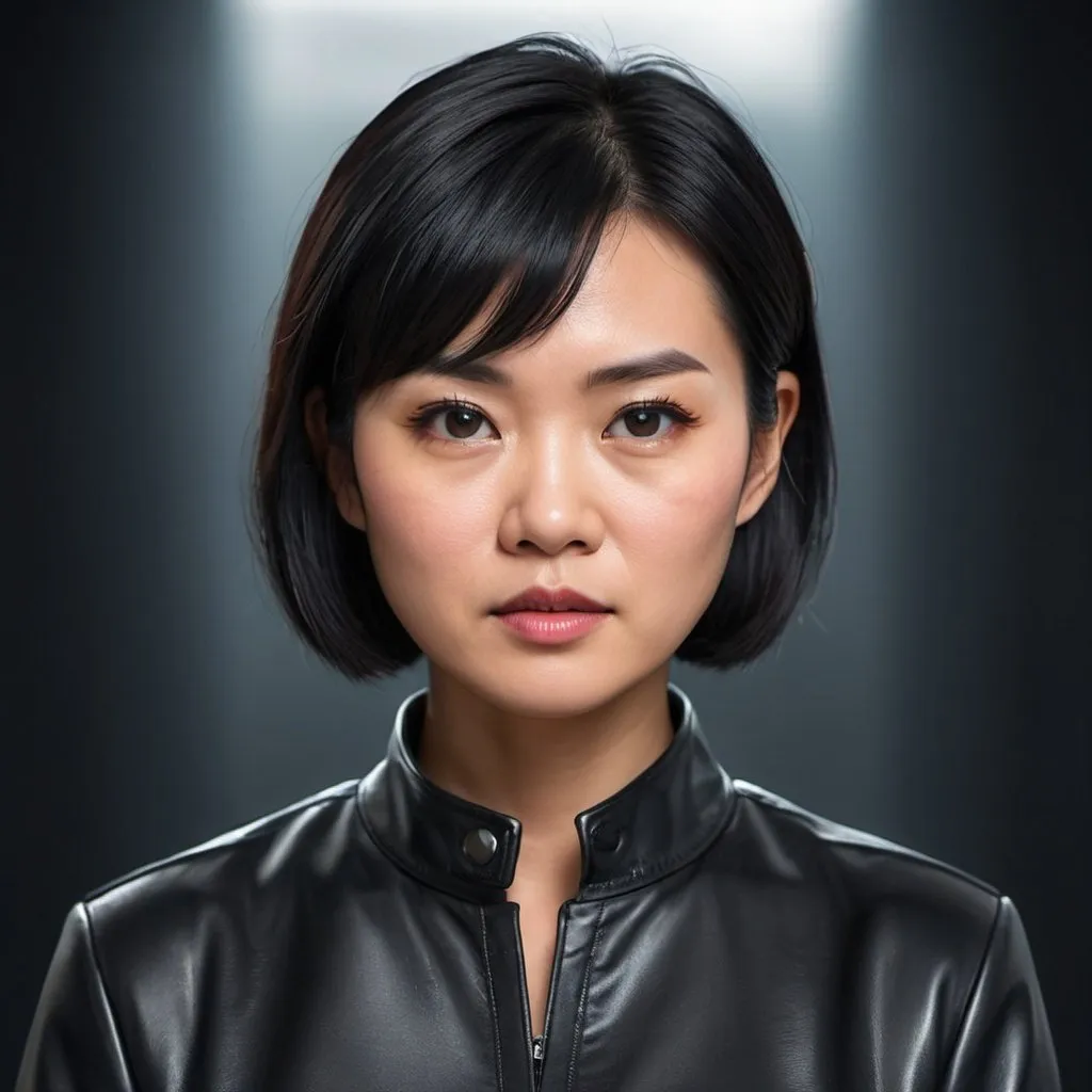 Prompt: Digital portrait of a grumpy Asian woman with short straight shiny black hair, in black leather. A tech background.