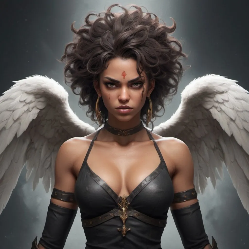 Prompt: Create a striking character design featuring a tall, buff woman who embodies the contrasting traits of a half-demon, half-angel. Emphasize her wild hair, powerful physique, and bored yet subtly angry expression as she stands with arms crossed. Style her with a unique blend of demonic and angelic elements, accentuating the duality of her nature. Incorporate details that evoke a sense of ancient, divine judgment and convey her imposing presence. Utilize bold, contrasting colors and dynamic details to bring this captivating fantasy character to life.

