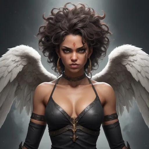 Prompt: Create a striking character design featuring a tall, buff woman who embodies the contrasting traits of a half-demon, half-angel. Emphasize her wild hair, powerful physique, and bored yet subtly angry expression as she stands with arms crossed. Style her with a unique blend of demonic and angelic elements, accentuating the duality of her nature. Incorporate details that evoke a sense of ancient, divine judgment and convey her imposing presence. Utilize bold, contrasting colors and dynamic details to bring this captivating fantasy character to life.

