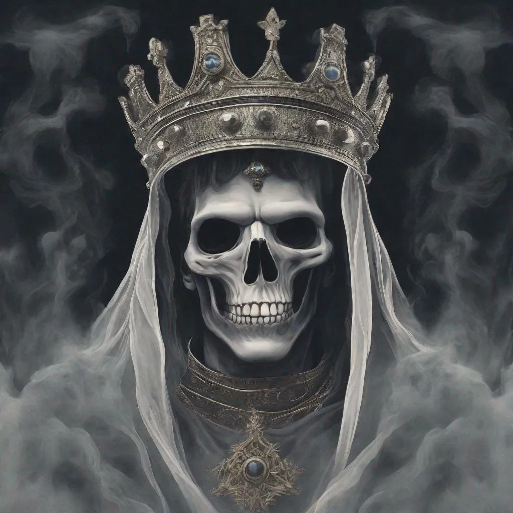 Prompt: ghost with smoke coming out of eyes wearing a kings crown 