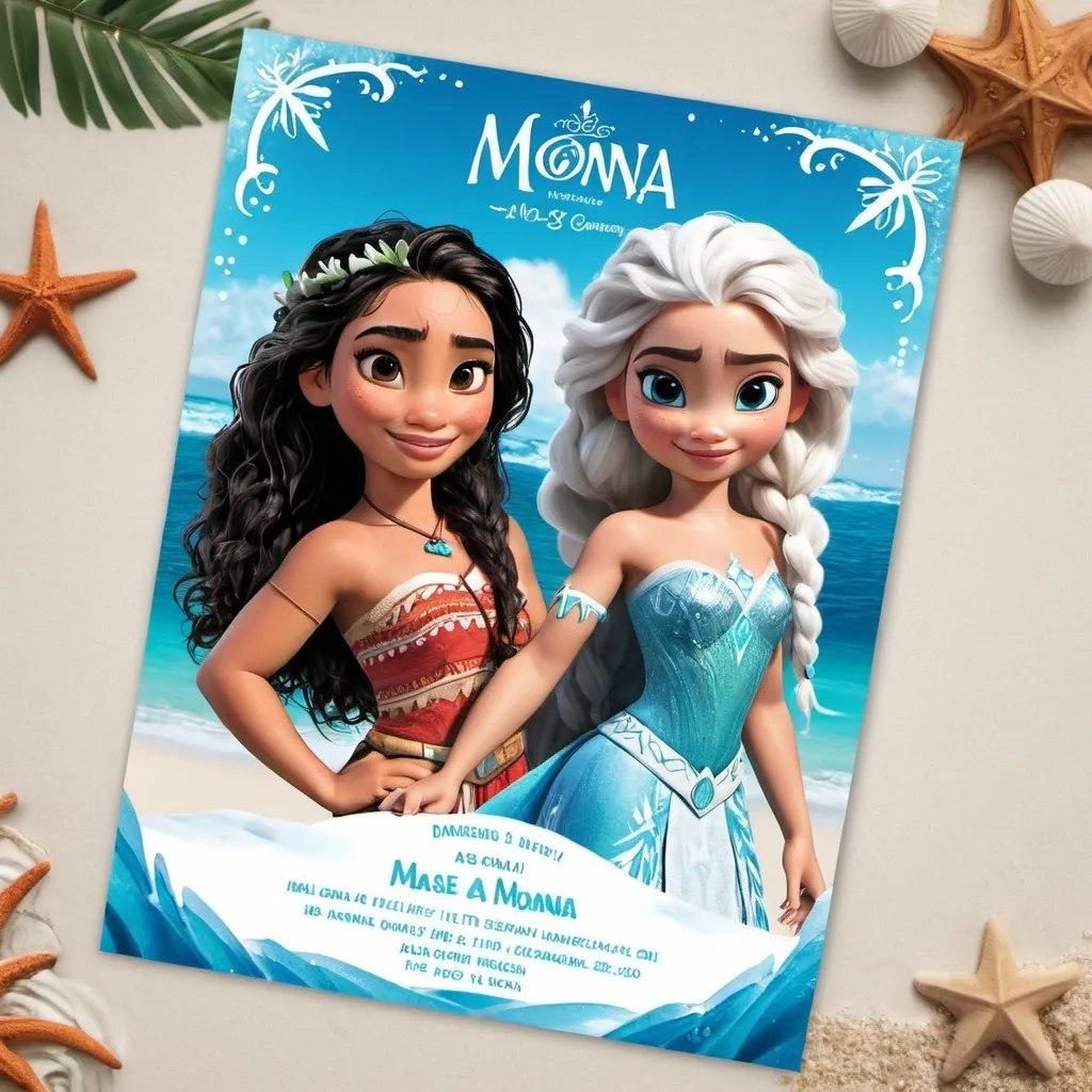 Prompt: Convite de aniversário infantil da Elsa e Moana interagindo nos correspondentes cenários de neve e praia, tudo na mesma imagem e com as mesmas proporções 