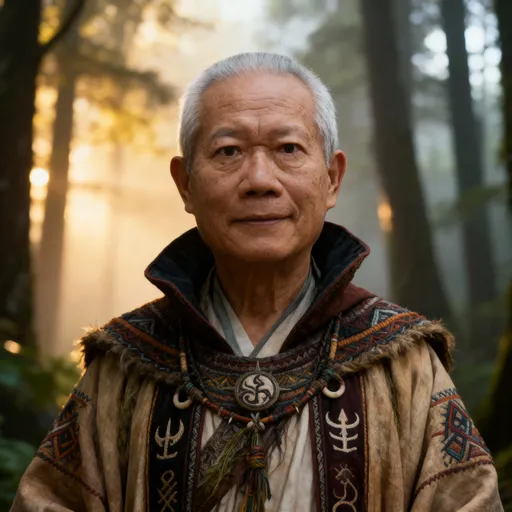 Prompt: A highly realistic portrait of an elderly wise Chinese clean shaven man and full head of short pepper colored hair wearing an ancient shamanic robe with high collar, richly detailed with natural textures, tribal embroidery, and mystical symbols. He stands in a misty forest where soft golden light filters through tall trees. His expression is calm, knowing, and serene, conveying deep wisdom and spiritual power. The lighting is cinematic, with soft highlights and natural tones. The overall mood is peaceful, respectful, and realistic, emphasizing authenticity over fantasy.