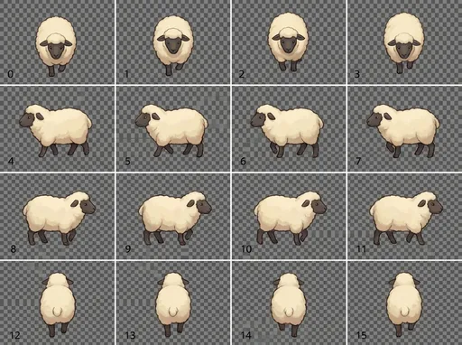 Prompt: Create a top-down RPG game sprite sheet of a cute sheep designed for a 2D overworld game (similar to Pokémon, Stardew Valley, or classic JRPGs).

The sprite sheet must contain 16 frames total, arranged in a 4 × 4 grid, with transparent background (PNG).

Direction layout (VERY IMPORTANT):

Row 1 (frames 0–3): Sheep walking DOWN (toward the camera)

Row 2 (frames 4–7): Sheep walking LEFT

Row 3 (frames 8–11): Sheep walking RIGHT

Row 4 (frames 12–15): Sheep walking UP (away from the camera, back visible)

Animation details:

Each row is a 4-frame walking loop

Subtle leg movement and gentle body bob

Head movement should be minimal

Smooth looping animation

Art style:

Semi-cartoon, soft outlines

Clean shapes, readable at small sizes

Not pixel art

Slight painterly shading

Cute but grounded (not chibi)

Sheep design:

Fluffy cream-colored wool

Dark face and legs

Rounded body shape

Consistent size across all frames

Technical requirements:

Transparent background only

All frames evenly spaced

Same padding and alignment in every frame

Suitable for GameMaker Studio 2

The final image must be a single sprite sheet, not individual images.