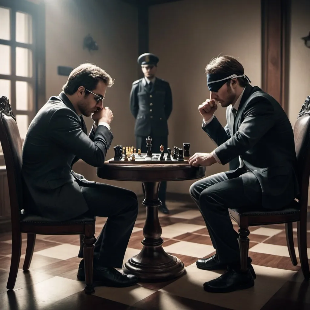 Prompt: "A tense scene featuring two people sitting on chairs around a table, deeply engrossed in a game of chess. One player is dominating the game, with a confident and strategic demeanor, while the other is blindfolded and handcuffed, struggling to keep up. The atmosphere is charged with intensity, highlighting the dramatic contrast between the two players."