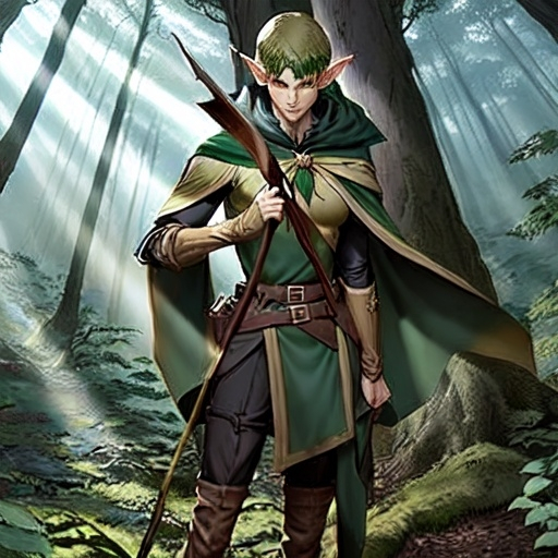 Prompt: Elf ranger in a mystical forest around sunlight