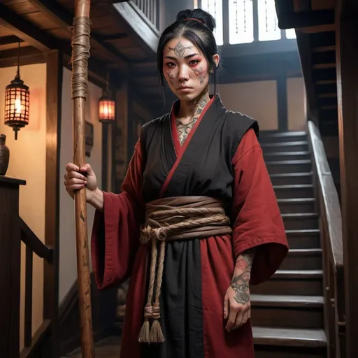 Prompt: For a fantasy d&d game, draw female monk, wearing face tattoos in black, bold, and she is holding a large stick, wearing black and red decorated robe and guarding wooden stairs to upper level in an inn. The scene is inside the inn. She is ugly and have a big nose. She has black asian eyes. 
