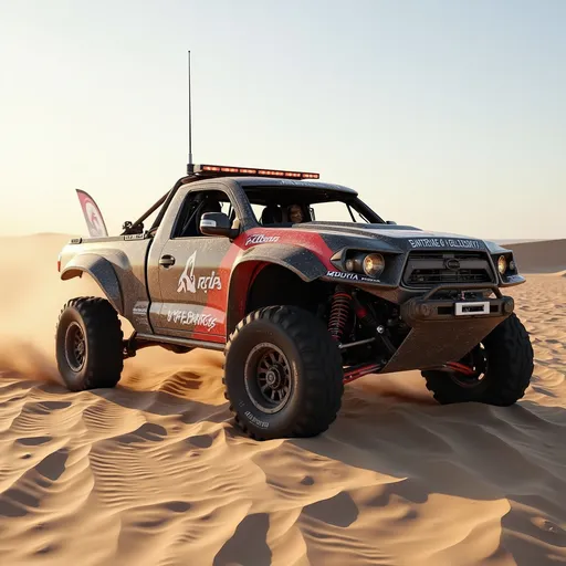 Prompt: render a baja racing tacoma on rrw wheels at glamis dunes.