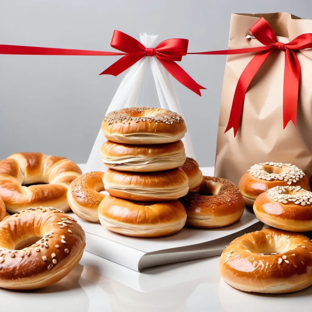 Prompt: a stack of pastries sitting on top of a white table next to a bag of bagels with a red ribbon, An Zhengwen, hurufiyya, product photo, a stock photo