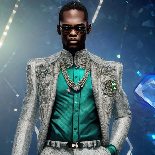 Prompt: make a man wearing a fancy diamond coverd shirt with carbon fiber pants standing on a blue white bugatti, and holding a keychain that has 7 emeralds on it