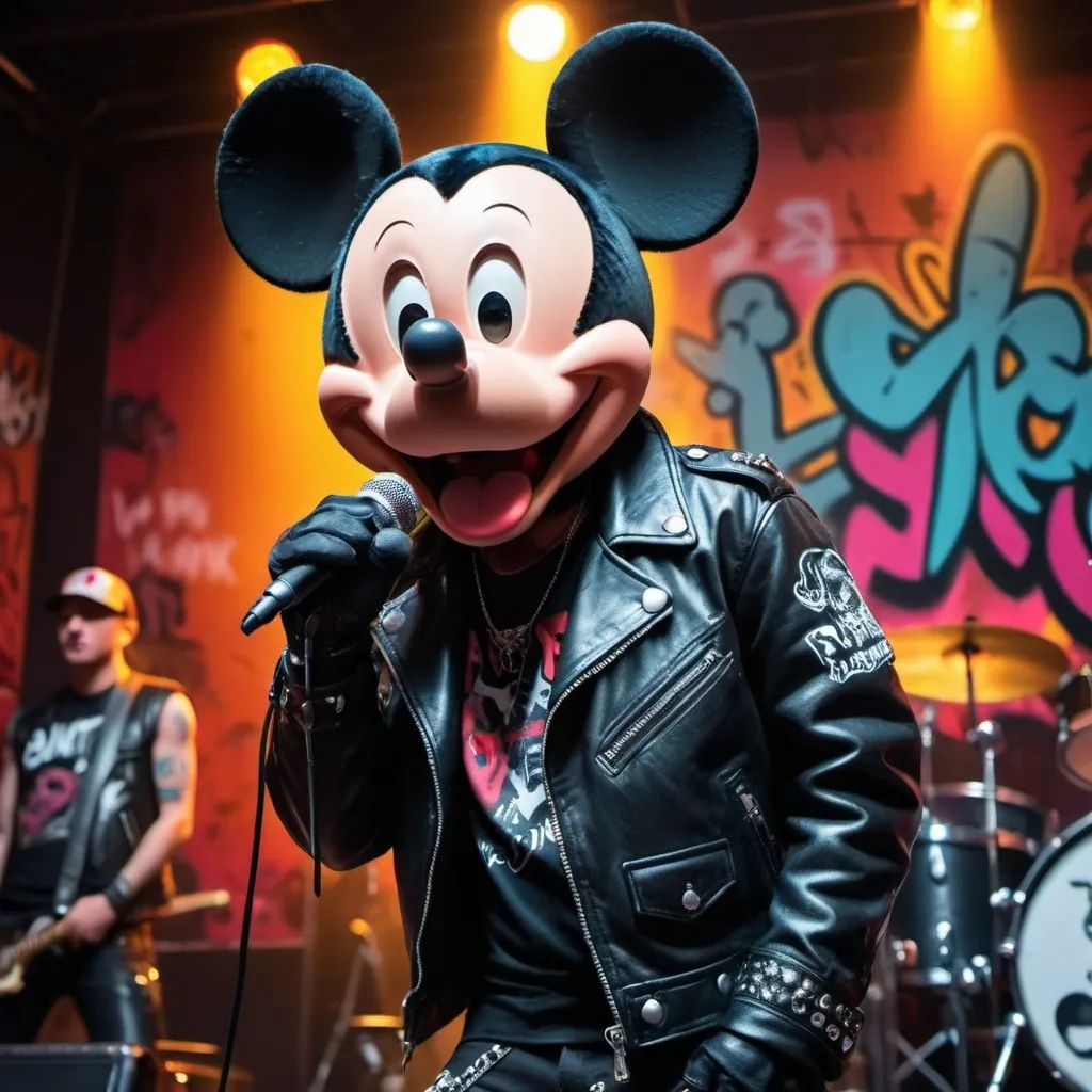 Prompt: Mickey Mouse in a hardcore band