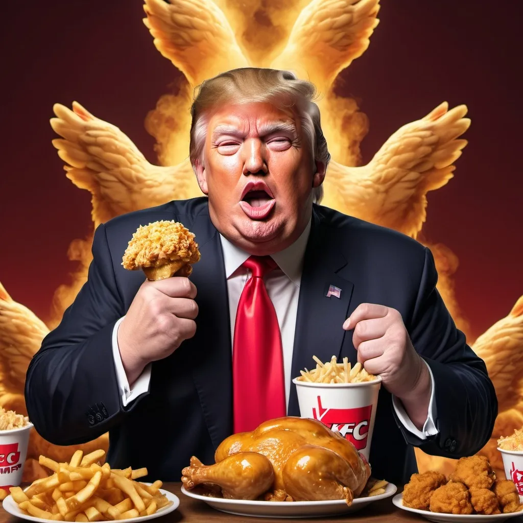 Prompt: Extremely obese Donald trump eating KFC chicken 