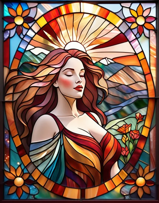 Prompt: Curvy woman with hair in the wind, in a transparent stained glass style. An enchanted garden under the sunlight, filled with vibrant flowers and lush greenery, with distant mountains in soft focus. The sky is painted deep red and orange with stars twinkling above, creating a magical atmosphere. In the center stands a golden sun, casting its gentle glow over everything. style patchwork collage, colorful Moebius.