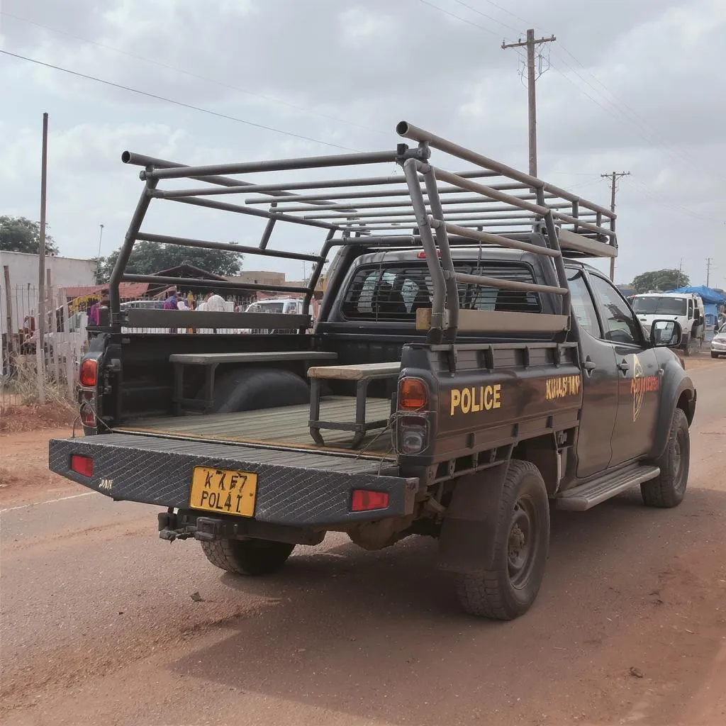 Prompt: in many African countries, it's common to see pickup trucks—especially those used by police or security forces—modified with prefabricated metallic benches or railings in the truck beds. These modifications allow the vehicles to transport additional personnel, which is particularly useful for:

    Crowd Control & Patrols – Police and military units often deploy large numbers of officers quickly, especially during protests, public events, or emergency responses.

    Cost-Effectiveness – Pickup trucks (like Toyota Hilux, Nissan Navara, or Isuzu D-Max) are rugged, affordable, and easier to maintain than specialized troop carriers.

    Versatility – The open bed allows for quick entry and exit, making it useful for rapid deployments.

    Public Transport in Some Cases – In some regions, civilian pickups are also modified with benches ("lorry" or "matatu" style) to serve as informal transport.

These modifications are often locally fabricated, welded onto the truck bed, and sometimes include:

    Foldable or removable benches for flexibility.

    Overhead bars or railings to prevent falls.

    Canopies or covers for protection against weather.

While practical, such setups can pose safety risks if officers are not properly secured, especially during sudden stops or collisions. Nevertheless, they remain a widely adopted solution across the continent due to their practicality and low cost.
