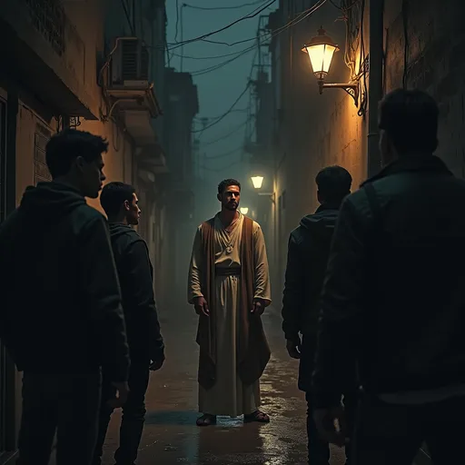 Prompt: A handsome saint if abused by bad boys, but the silence of the saint makes them shy and then surrender to the saint.