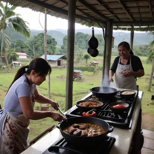 Prompt: cooking in the kitchen of a countryside living in the philippines for dinner