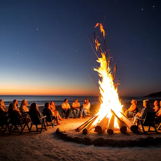 Prompt: Evening Bonfire: Gather around the beachside bonfire, enjoy live music, and hear local legends shared by the community.