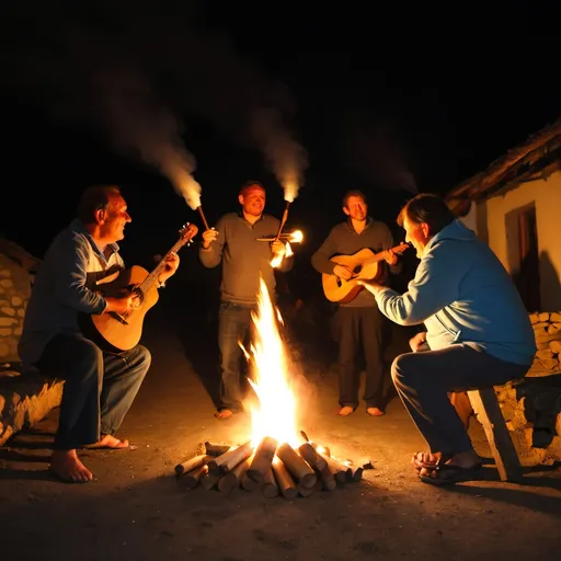 Prompt: bonfiring in the night inside the village with locals sharing stiries and playing music