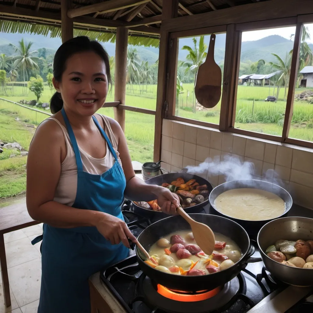 Prompt: cooking in the kitchen of a countryside living in the philippines for dinner