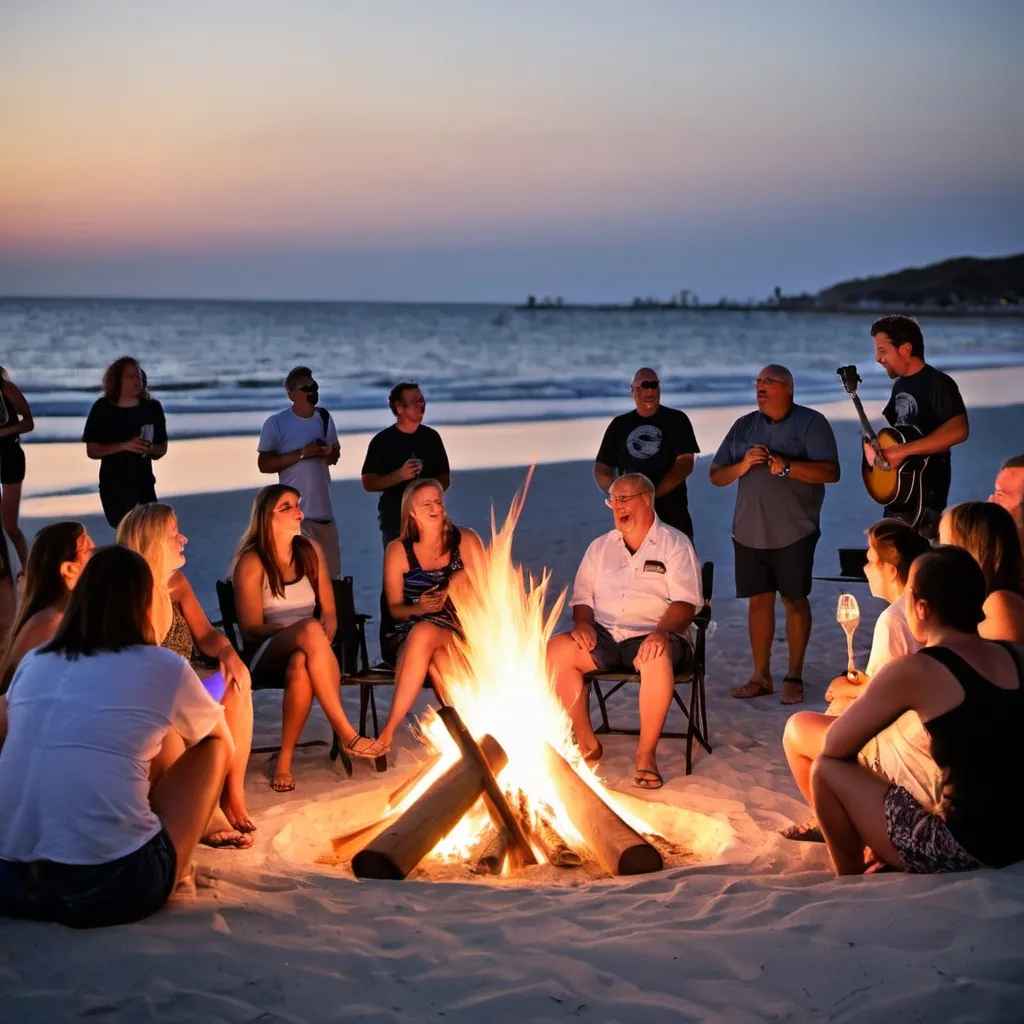 Prompt: Evening Bonfire: Gather around the beachside bonfire, enjoy live music, and hear local legends shared by the community.