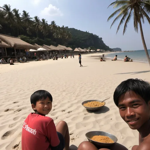 Prompt: sitting on the sands in front of the beach while watching local villagers swim and walking arround the beach with some local foods in front of me while sitting