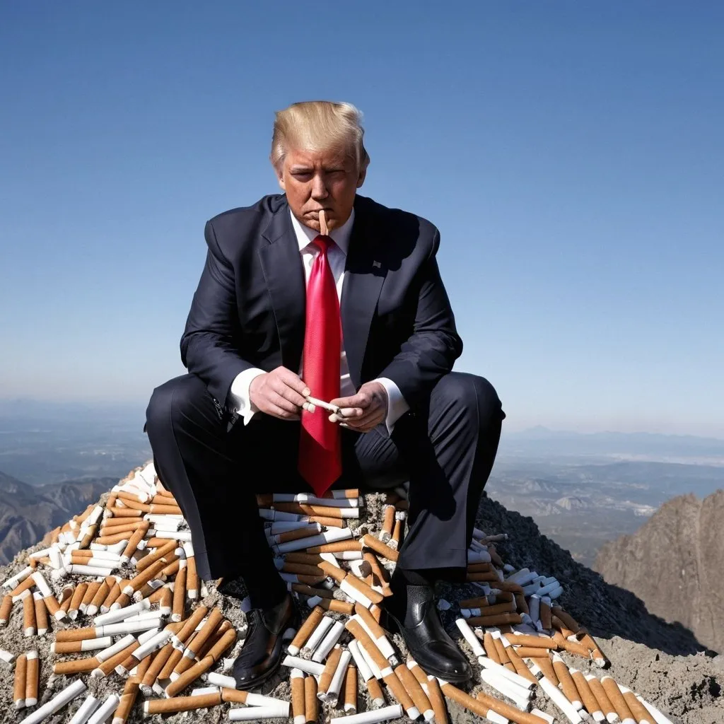 Prompt: donald trump sitting on top of a mountian of cigarettes, smoking a cigarette