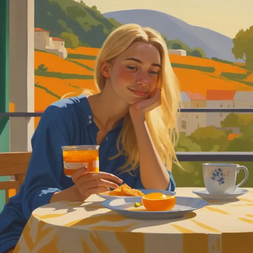 Prompt: <mymodel>Blonde 20-year-old having breakfast on a terrace, visible orange jam, slice of bread with orange jam, high quality, realistic, natural lighting, detailed hair, serene atmosphere, sunny morning, outdoor dining, casual attire, peaceful setting, warm tones, wholesome