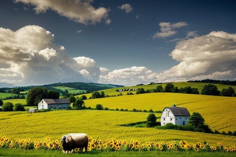 Prompt: A charming countryside scene with a picturesque barn, grazing sheep, and fields of sunflowers, all set against a backdrop of rolling hills and fluffy clouds.