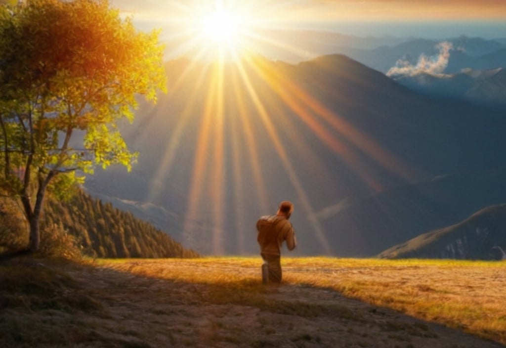 Prompt: a man kneeling down while the sun is shining on him, the scene showing he is walking through a hard time or a mountain and suffering longing for good times