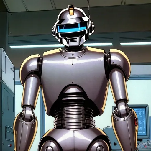Prompt: 1990s anime screencap, un robot a 3 tête de Daft punk, qui a une grosse poitrine bien ronde et des grosses fesses, en arrière plan une usine sanglante