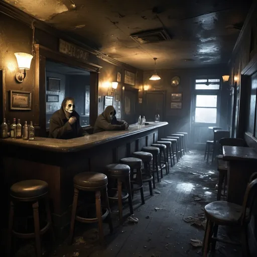 Prompt: Rundown bar, dead people drinking, eerie atmosphere, decaying interior, dim and moody lighting, ghostly figures, foggy and haunting ambiance, spectral patrons, worn-out furniture, abandoned feel, supernatural, eerie, ghostly, decayed, dim lighting, haunting, spectral, foggy, abandoned, worn-out