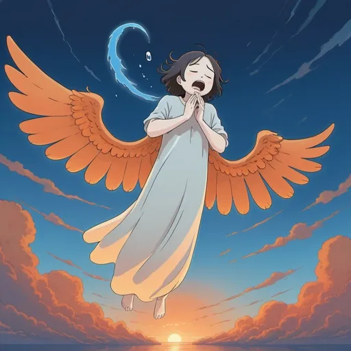 Prompt: A ghostly winged figure with humanoid form falling from the sky in despair, with tears, blue/orange sky sunset, in a studio ghibli style, high quality 5 fingers on hands, crying, zoomed on face