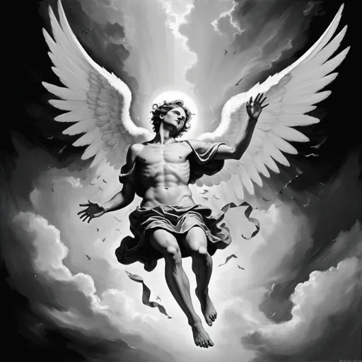 Prompt: Angel falling down the sky, black & white, rennaissance painting style, lucifer, high quality