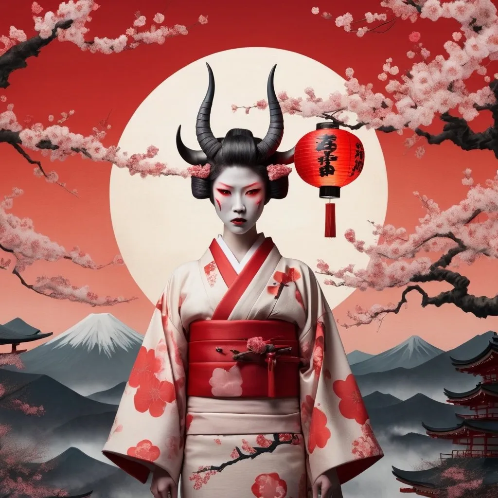 Prompt: A surrealist interpretation of Japan as a demon, featuring iconic elements like cherry blossoms, Mount Fuji as horns, traditional kimono fabric for skin texture, ominous red sun eyes, and floating lanterns for atmosphere --s 150 --ar 1:1 --c 5