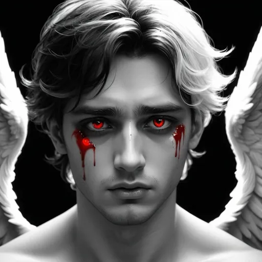 Prompt: Beautiful male angel face, black and white, crying blood (red tears), everything else is black and white, face only, realistic, eyes needs to glow yellow & black aswell