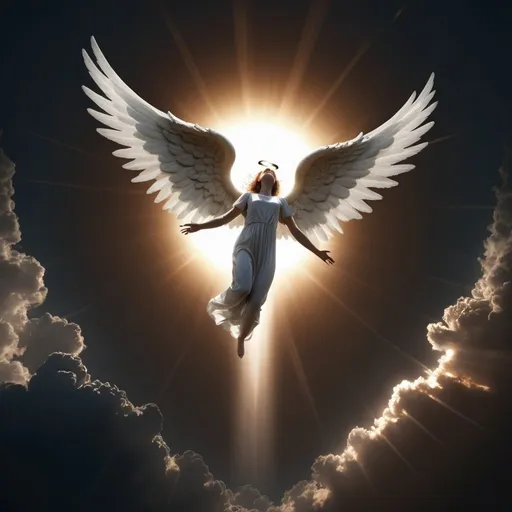 Prompt: Create a stunning visual of an angel coming down on Earth during a solar eclipse, shadowy theme, hyper realistic