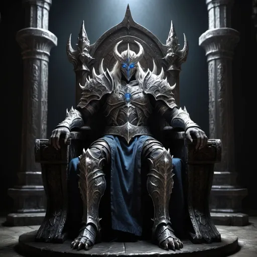 Prompt: final boss, realistic, monster, epic, high quality, elden ring style, full body, sitting on a high medieval fantastic throne, dark, shadow, needs to be massive, immense, demon, blue eyes, noble, silver/white holy armor, godly looking