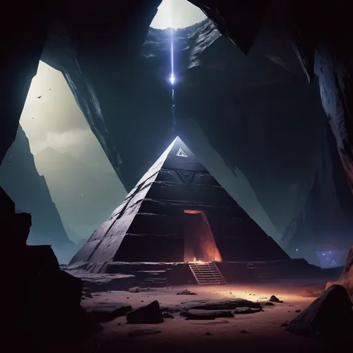 Prompt: Dark Pyramid, destiny 2 theme, realistic, in a vast cave, no character, no sky, hyper realistic